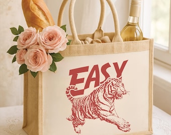 Easy tiger jute tote bag, tiger bag, aesthetic tote bag, minimalist tote bag, reusable grocery bag, aesthetic bag, shopping bag, beach tote