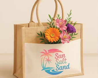 Sun Salt Sand Jute Tote Bag, Summer Vacation Bag, Sun Salt Sand Gift, Funny Summer Bag, Summer Vibes Bag, Holiday Bag Gift, Florida Summer
