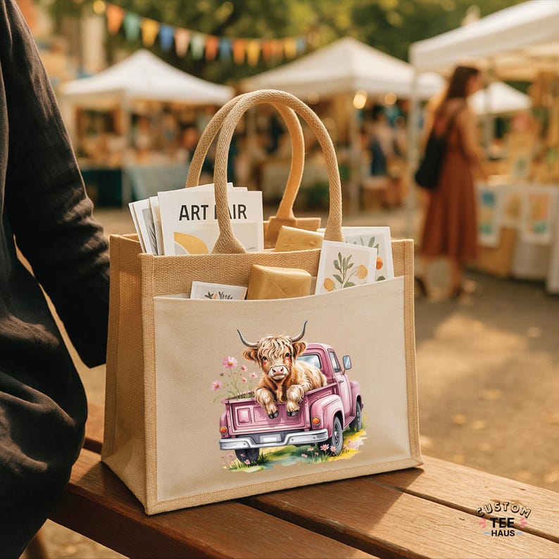 May include: A beige tote bag with a pink truck graphic carrying a Highland cow. The bag has a pocket and woven handles. The bag is filled with art prints and small packages. The words "ART IR" are visible on a print.
