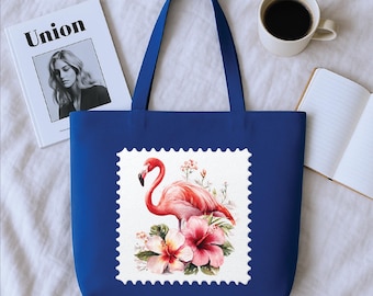 Stamp Framed Flamingo Hibiscus Flowers Zipped Tote Bag - Beach Vibes, Summer Tote, Reusable Shopping Bag, Pink Bird Bag, Vacation Handbag