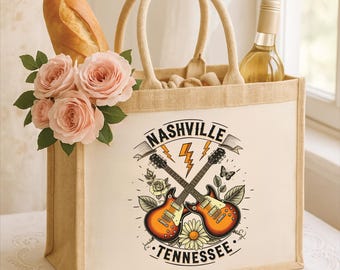 Nashville music jute tote bag, Nashville tote, Nashville bag, Nashville tote bag, country music tote, country music, music lover Nashville
