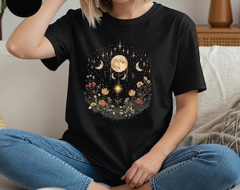 Celestial tee, moon shirt, crescent moon, moon t-shirt, moon phases, moon aesthetic, floral moon shirt, moon phase shirt, boho moon shirt