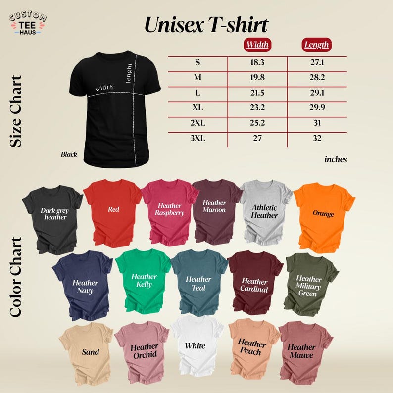 Peut inclure: Un t-shirt unisexe noir avec un tableau des tailles indiquant la largeur et la longueur en pouces. Le nuancier affiche diff&eacute;rentes couleurs de t-shirts, dont gris fonc&eacute; chin&eacute;, rouge et orange. Le logo Custom Tee Haus est dans le coin sup&eacute;rieur gauche.