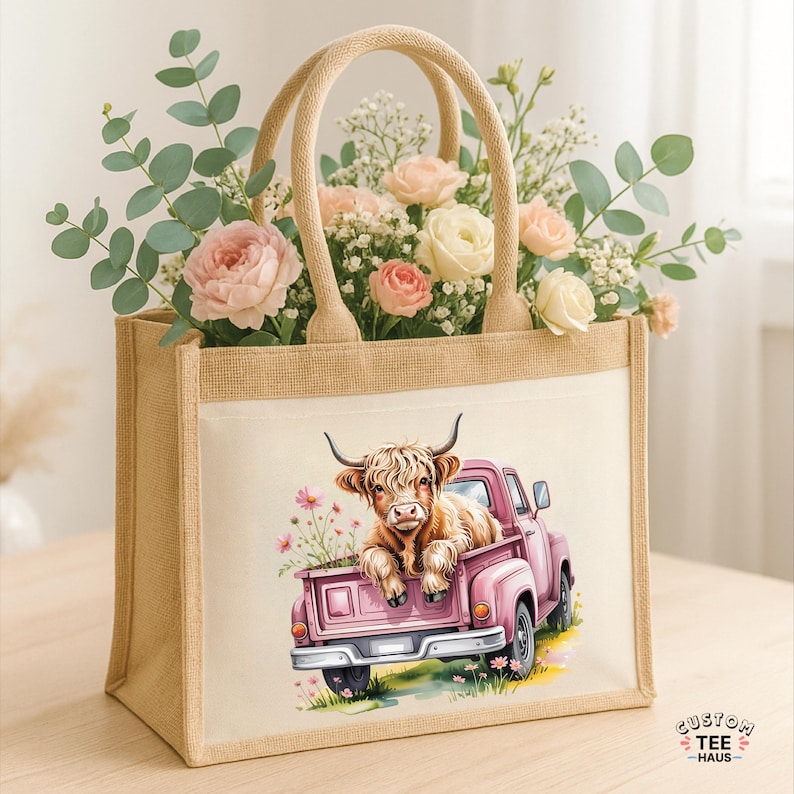May include: A jute tote bag with a watercolor illustration of a Highland cow in a pink pickup truck. The bag has beige handles and is filled with pink and white flowers and greenery. The text "CUSTOM TEE HAUS" is in the lower right corner.