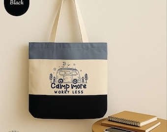 Camp More Worry Less Three Color Tote Bag, Camp Therapy Totes, Camp Life Bag, Gift For Travel Bag, Hiking Tote Bag For Friend, Camping Gear