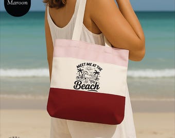 Beach Tote Bag – "Meet Me at the Beach" – Coastal Design, Summer Vacation Bag Three Color Tote Bag,