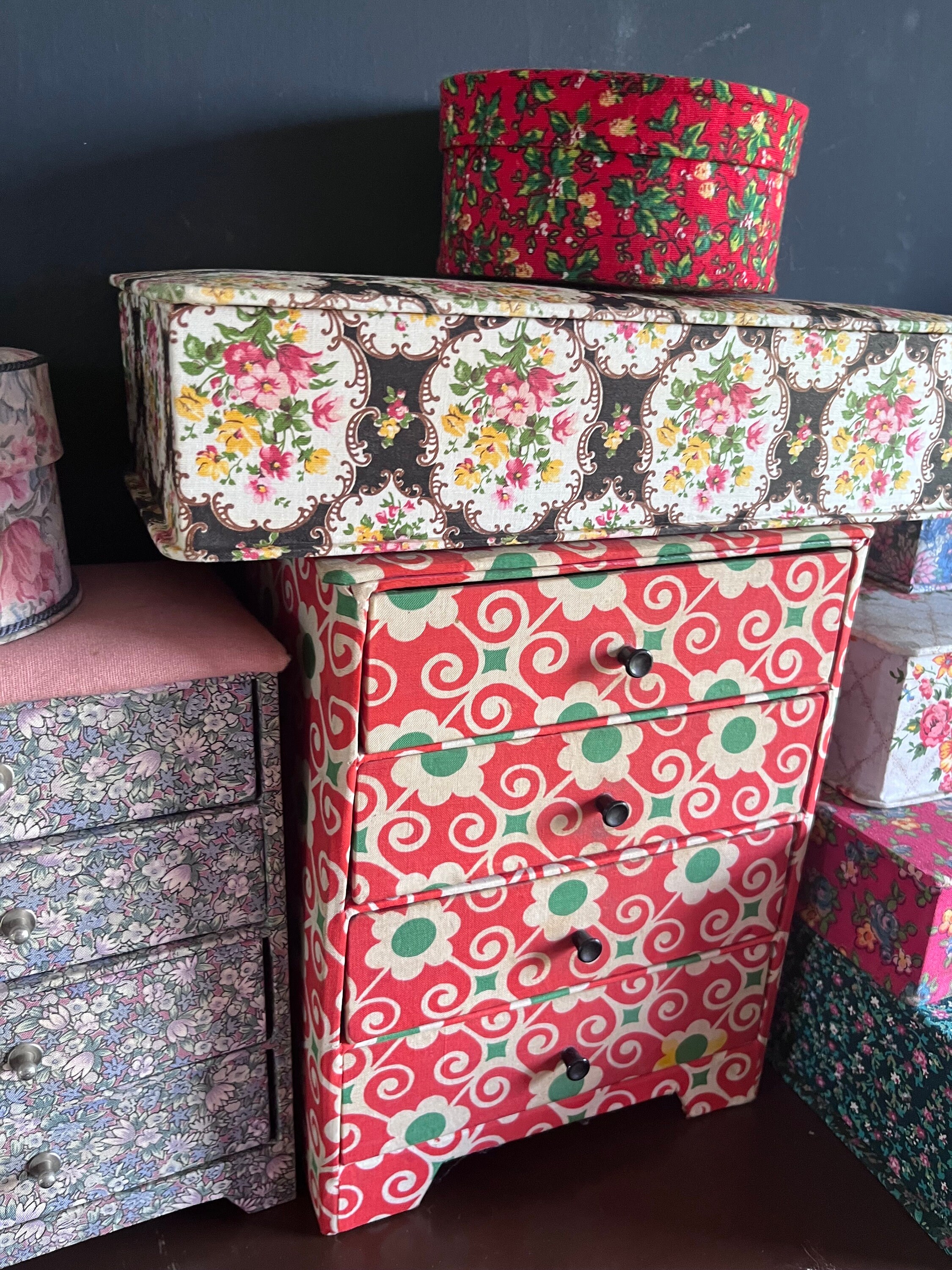 Lovely Vintage French Floral Fabric Box Collection Beautiful Set