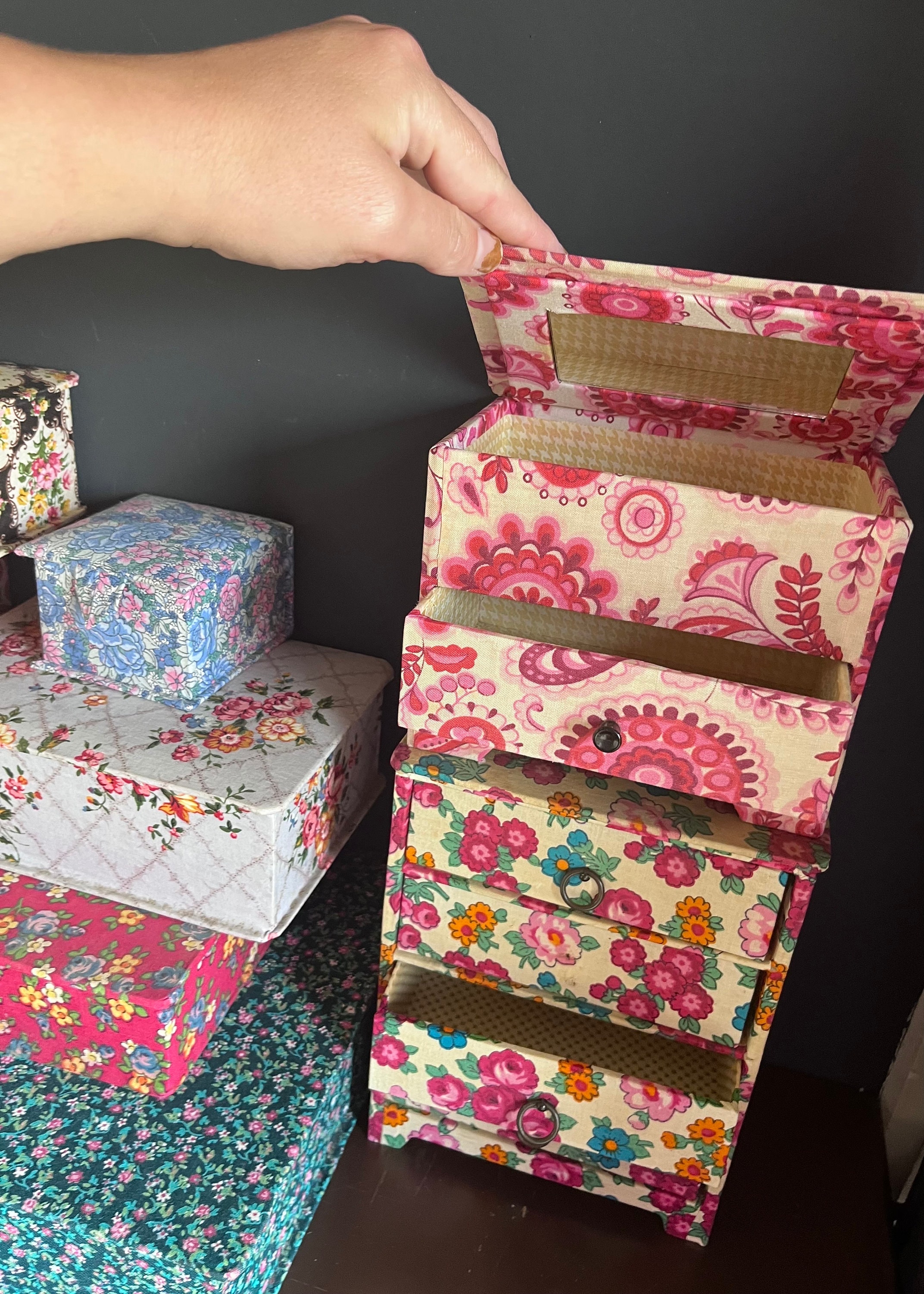 Lovely Vintage French Floral Fabric Box Collection Beautiful Set