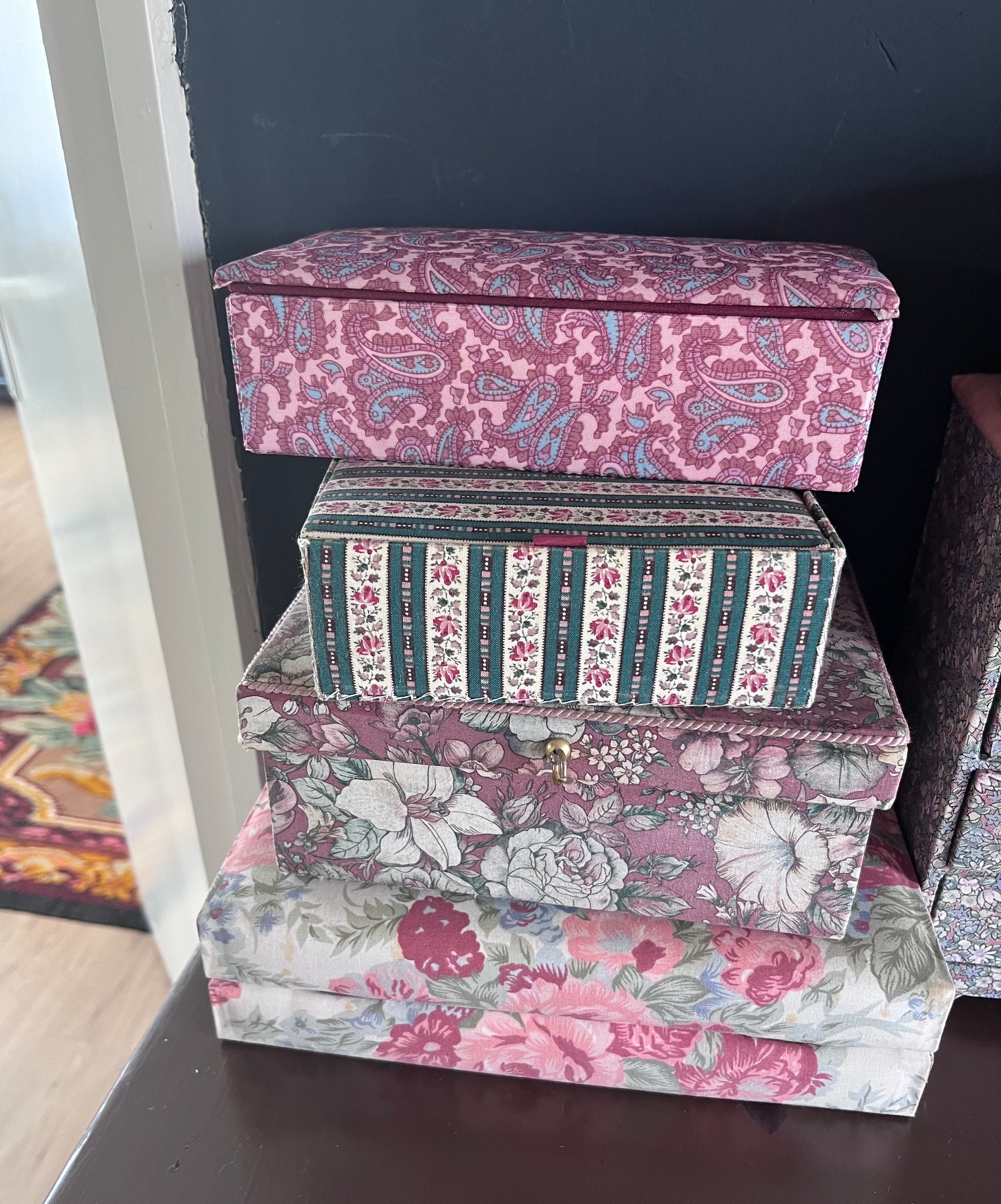 Lovely Vintage French Floral Fabric Box Collection Beautiful Set
