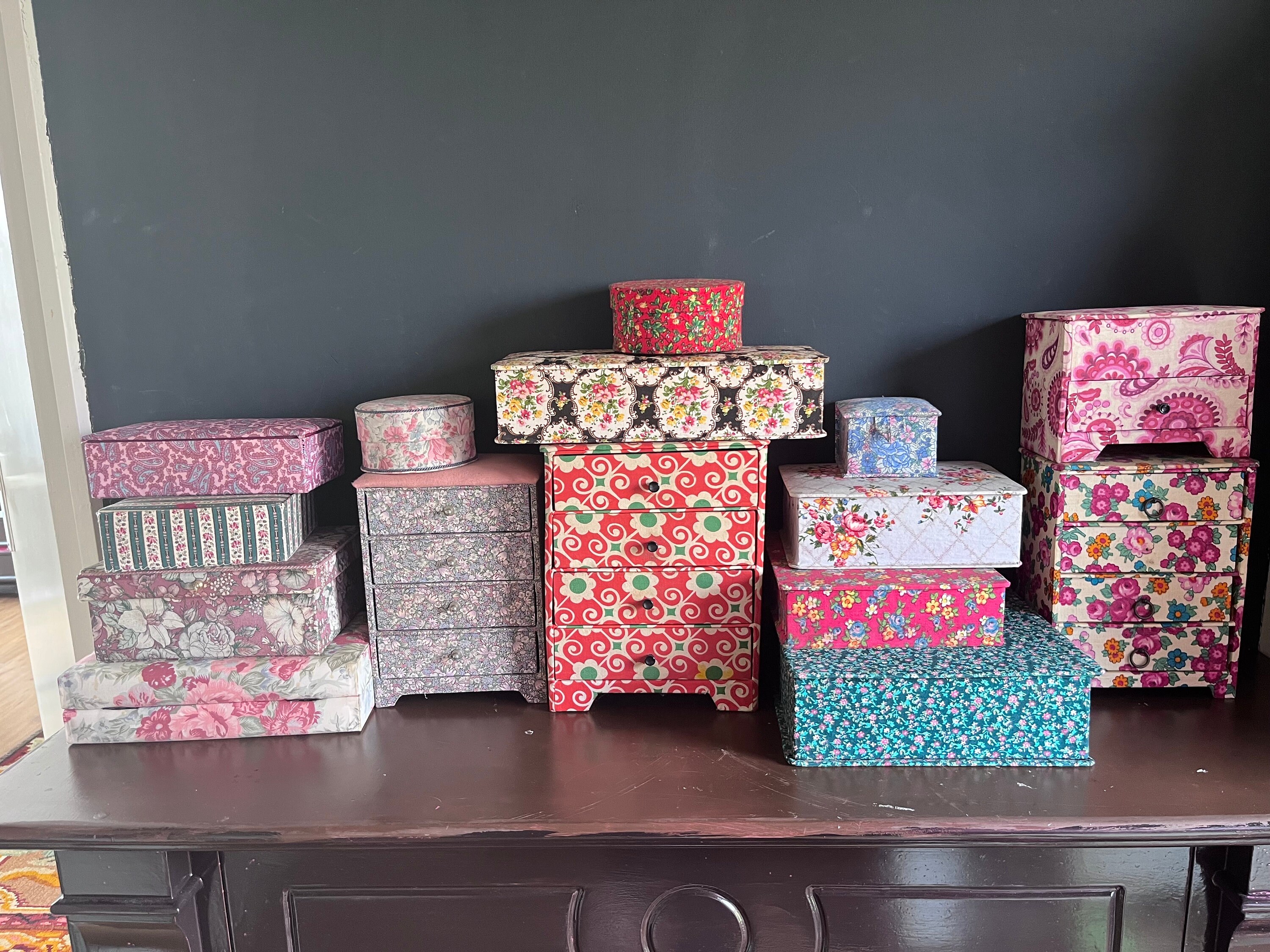 Lovely Vintage French Floral Fabric Box Collection Beautiful Set