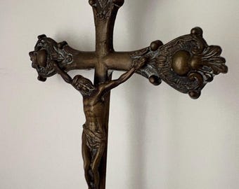 Antique European French Church crucifix statue Large Bronze with jesus