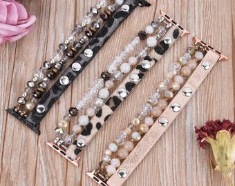 Correa de Apple Watch de media piel con estampado de leopardo y cristales, correas para Apple Watch, correas de leopardo para reloj, correas para reloj, accesorios bonitos, correa de leopardo para reloj