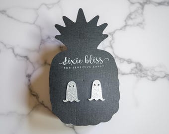 Glitter ghost stud earrings, ghost earrings, glitter ghost studs, ghost stud earrings, halloween ghosts earrings, halloween earrings, ghost