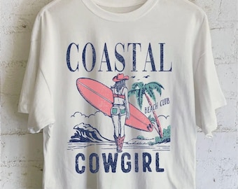 Top largo corto con estampado de vaquera costera, estampado de vaquera costera, camiseta de vaquera costera, ropa de mujer, ropa de verano, top corto con estampado