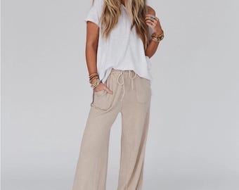 Pantalones anchos bohemios color topo para mujer, pantalones bohemios bonitos, pantalones bohemios color topo, pantalones bohemios cómodos, pantalones cómodos para mujer, pantalones anchos bohemios, pantalones para mujer