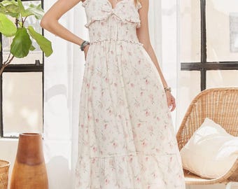 Vestido midi bohemio informal rosa con estampado floral, vestido midi rosa, vestido de mujer, ropa de mujer, vestido midi floral, vestido bohemio, vestido lindo para mujer, vestido midi bohemio