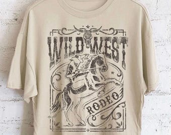 Top largo corto con estampado de rodeo del Viejo Oeste, ropa de mujer, camisa vaquera, camiseta corta, camisa de rodeo, camisa del Viejo Oeste, camiseta bonita, camiseta estampada