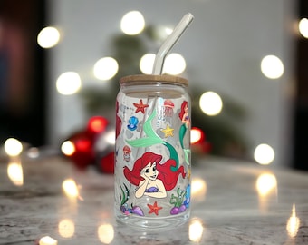 Little Mermaid Glass Cup, Disney’s Little Mermaid Cup, Little Mermaid Tumbler, Iced Coffee Cup, Disney Cup, Disney Tumbler, Ariel Glass Cup