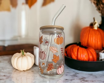 Lata de café de vidrio con hojas y calabaza, taza de vidrio con hojas y calabaza, lata de vidrio otoñal, taza otoñal, taza de café, taza de vidrio otoñal, vaso otoñal