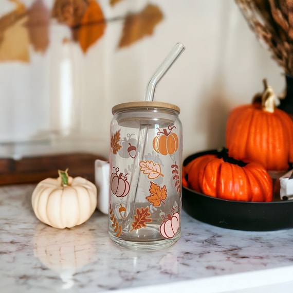 Leaves and Pumpkin Coffee Glass Can, Leaves and Pumpkin Glass Cup, Fall Glass Can, Fall Cup, Coffee Cup, Fall Glass Cup, Fall Tumbler