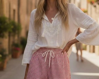 Pantalones cortos azules a cuadros con volantes, pantalones cortos amarillos de vichy, pantalones cortos de vichy, pantalones cortos de verano, ropa de mujer, ropa de verano, pantalones cortos bonitos, volantes