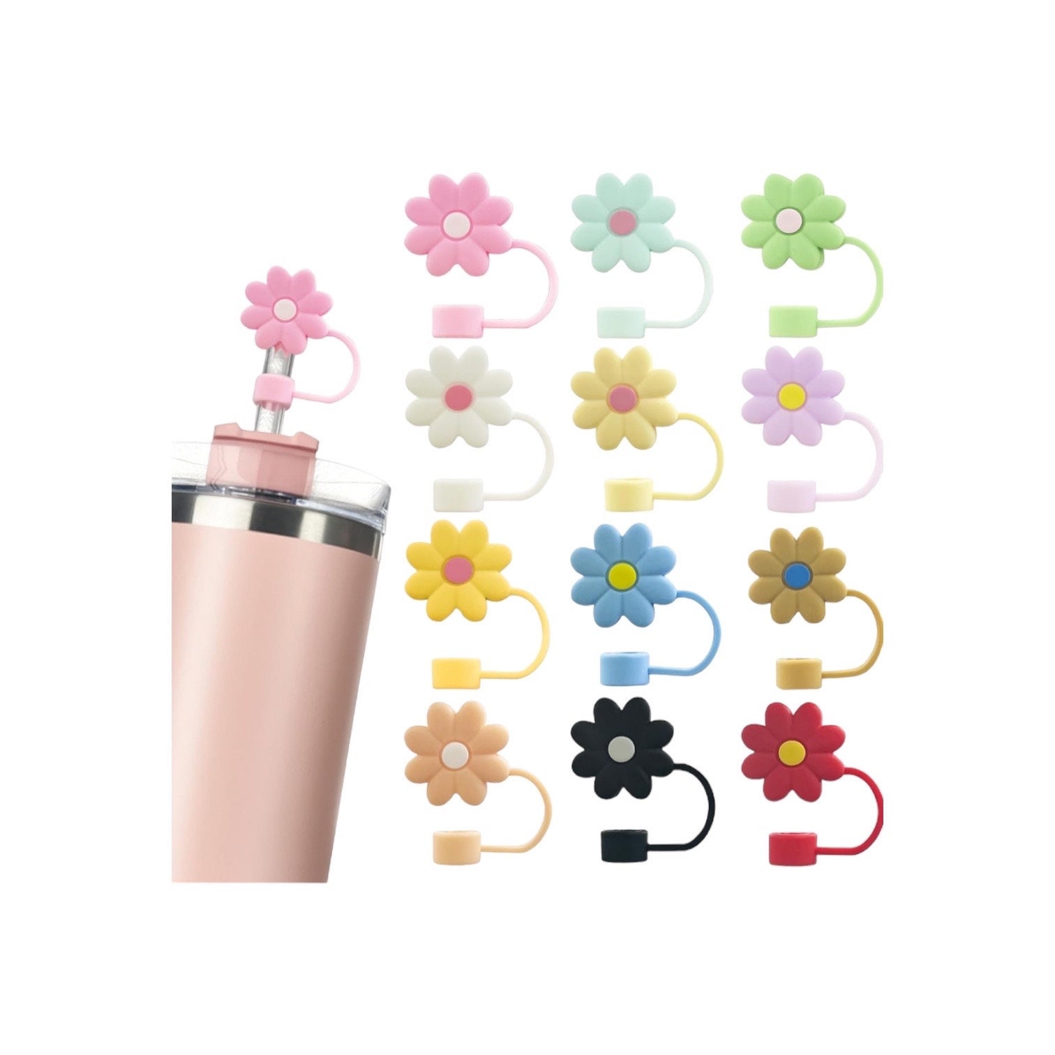 16pcs Reusable Silicone Straw Cover, Cute Flower Shaped Dustproof