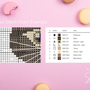Puede incluir: Ejemplo de gr&aacute;fico de punto de cruz con una clave de color que muestra ocho colores diferentes y sus n&uacute;meros y nombres de hilo DMC correspondientes. El gr&aacute;fico muestra un dise&ntilde;o marr&oacute;n y beige con forma de coraz&oacute;n.