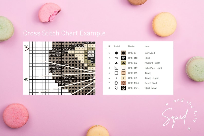 Puede incluir: Ejemplo de gr&aacute;fico de punto de cruz con una clave de color que muestra ocho colores diferentes y sus n&uacute;meros y nombres de hilo DMC correspondientes. El gr&aacute;fico muestra un dise&ntilde;o marr&oacute;n y beige con forma de coraz&oacute;n.