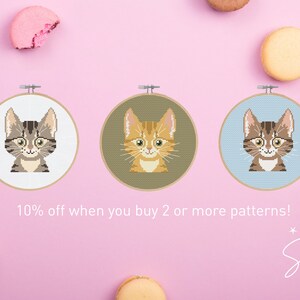 Puede incluir: Tres patrones de bordado en aro que presentan diferentes dise&ntilde;os de gatos. El primer patr&oacute;n es un gato atigrado marr&oacute;n sobre un fondo blanco. El segundo patr&oacute;n es un gato jengibre sobre un fondo verde. El tercer patr&oacute;n es un gato atigrado marr&oacute;n sobre un fondo azul. El texto "10% de descuento al comprar 2 o m&aacute;s patrones!" est&aacute; debajo de los aros. El texto "* and the Squid City *" est&aacute; en la esquina inferior derecha.