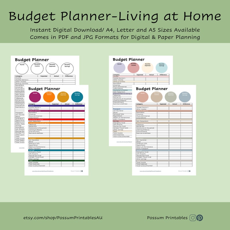 Printable Budget Planner Template for Living at Home and Student ...