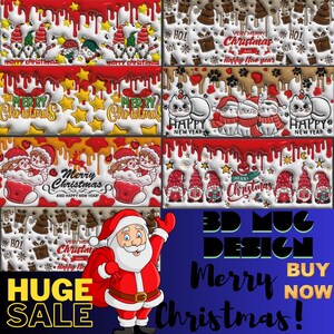 May include: A 3D mug design featuring a Christmas theme with a Santa Claus illustration and the text "Merry Christmas!" and "Buy Now". The mug design includes various Christmas elements like gnomes, stars, and snowflakes.
