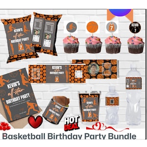 May include: A basketball-themed birthday party bundle featuring various items. Includes chip bags, cupcakes with basketball toppers, candy bar wrappers, water bottle labels, a tumbler, and an invitation. The color scheme is orange, gray, and black.