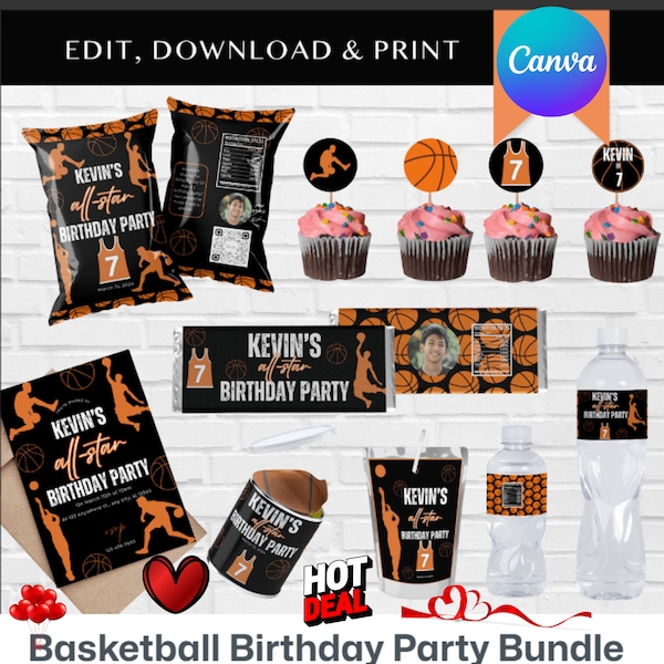 Basketball Birthday Party Bundle|Basketball Chip Bag wrapper, Basketball Party and favors Chip Bag,Basketball Treats bag|Editable bundel