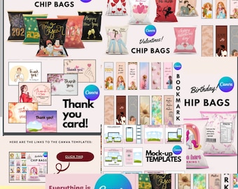 67 Chip bag Designs Editable in canva |Digital Products Listing Mockup Templates Bookmarks Cards