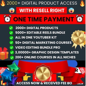 Puede incluir: Un gráfico rojo y blanco con un sello dorado y marcas de verificación. El texto dice "2000+ ACCESO A PRODUCTOS DIGITALES CON DERECHO DE REVENTA PAGO ÚNICO". El gráfico enumera 2000+ productos digitales, 5000+ carretes editables, un kit de YouTuber todo en uno, 50+ cursos de marketing digital, un paquete de edición de video, 3,00000+ plantillas de diseño gráfico y 200+ cursos en línea en todos los nichos.