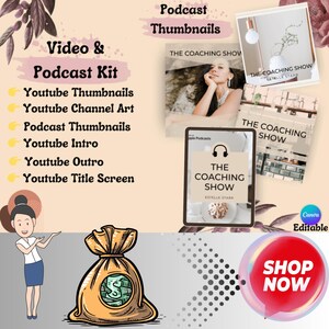 Könnte beinhalten: Ein digitales Produkt-Kit zum Erstellen von YouTube- und Podcast-Inhalten. Das Kit enthält Vorlagen für Thumbnails, Channel Art, Intros, Outros und Titelbildschirme. Das Bild zeigt eine Comicfigur, die einen Geldbeutel hält, was auf das Potenzial zum Geldverdienen durch Content Creation hindeutet. Der Text "Shop Now" ist ebenfalls sichtbar.
