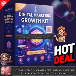 Puede incluir: Un kit de crecimiento de marketing digital con una oferta de promoción. El kit incluye un curso completo de video de gestión y marketing de redes sociales para autónomos premium. La imagen presenta un personaje de dibujos animados con gafas y un esquema de color rosa, morado y azul brillante.