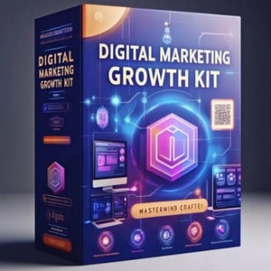 May include: A blue and purple box with the text "Digital Marketing Growth Kit" and "Mastermind Craftei" on it. The box has a digital design with a hexagon shape in the center. The box is surrounded by a blue and purple background.