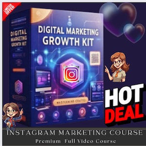 Könnte beinhalten: Ein digitales Marketing-Wachstumskit mit einem blauen, violetten und rosafarbenen Farbschema. Das Kit zeigt ein Instagram-Logo und den Text "DIGITAL MARKETING GROWTH KIT" und "MASTERMIND CRAFTED". Das Bild enthält auch den Text "HOT DEAL" und "INSTAGRAM MARKETING COURSE Premium Full Video Course".