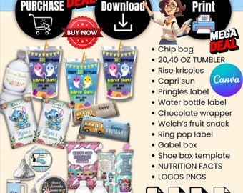 Nutrition Facts Template, Nutrition Facts PNG Template Bundle|Editable Birthday Party Favor Template Bundle Chip Bag Water bottle
