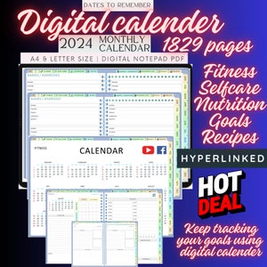 Pode incluir: Um calendário digital para 2024 com 1829 páginas. O calendário está em um esquema de cores azul e verde e tem uma variedade de seções para fitness, autocuidado, nutrição, metas e receitas. O calendário está disponível em tamanho A4 e carta e é um bloco de notas digital PDF. O texto "HOT DEAL" está em letras vermelhas e brancas sobre um fundo preto. O texto "Keep tracking your goals using digital calendar" está em letras brancas sobre um fundo preto.