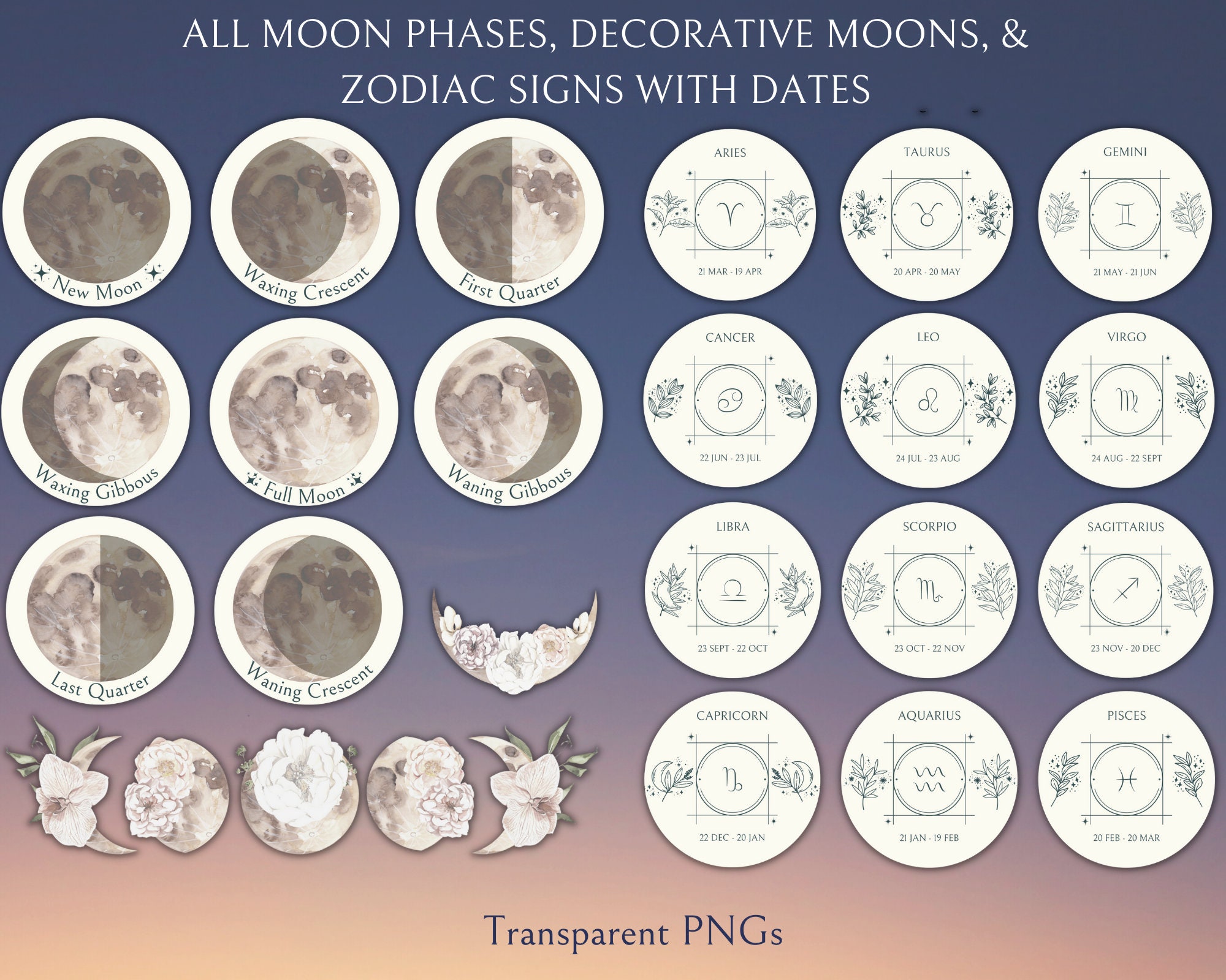 Watercolor Moon & Zodiac Digital Planner Stickers | 130 Pngs (digital ...