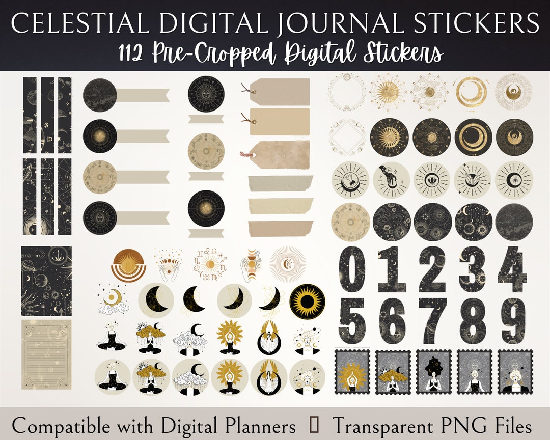 Celestial Digital Planner Stickers | Moon, Stars, Numbers (pre-cropped ...