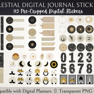 May include: A set of 112 celestial-themed digital stickers featuring stars, moons, planets, and other celestial imagery. The stickers are pre-cropped and compatible with digital planners. The stickers are in black, gold, and white.