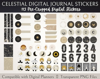 Pegatinas digitales celestiales para planificador: Luna, estrellas y números (PNG precortado)
