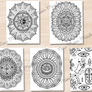 May include: Five black and white printable colouring pages featuring intricate mandala designs with geometric patterns and symbols. The mandalas include a sun, moon, stars, and an eye.