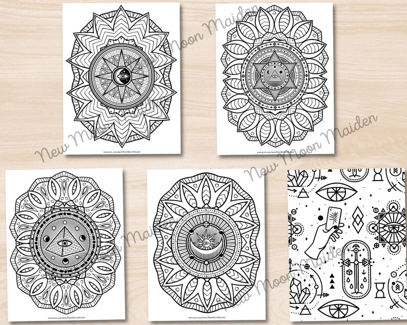 May include: Five black and white printable colouring pages featuring intricate mandala designs with geometric patterns and symbols. The mandalas include a sun, moon, stars, and an eye.
