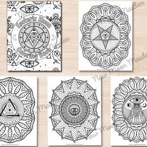 May include: A set of five black and white colouring pages featuring intricate mandala designs with an esoteric theme. The designs include an all-seeing eye, a star, and other geometric patterns.