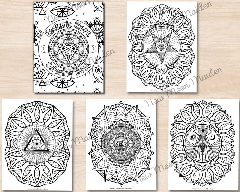 May include: A set of five black and white colouring pages featuring intricate mandala designs with an esoteric theme. The designs include an all-seeing eye, a star, and other geometric patterns.
