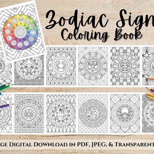 13 Zodiac Sign Coloring Pages | Astrology Coloring Printable | Adult Coloring Book PDF PNG JPG | Witchy Clip Art Digital Download